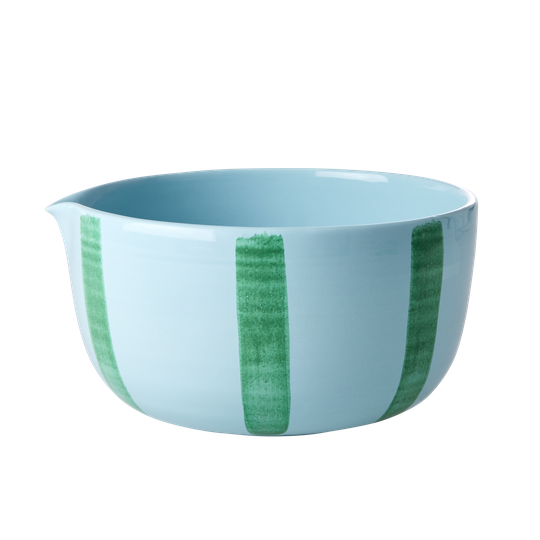 Rice - Ceramic Salad Bowl - Blue w. Green Stripes