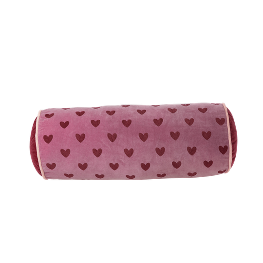 Rice - Velvet Bolster Pillow Purple with Maroon Hearts - Medium