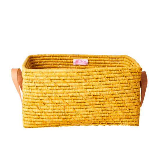 Rice - Raffia Rectangular Basket w. Leather Handle in Yellow