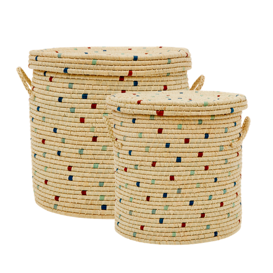 Rice - Laundry Basket in Raffia with Blue Details - Set of 2