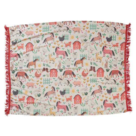 Rice - Chenile Blanket with Pink Farm Animals t And Red Fringes Assorted