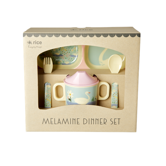 Rice - Melamine Baby Dinner Set Giftbox - Swan Print