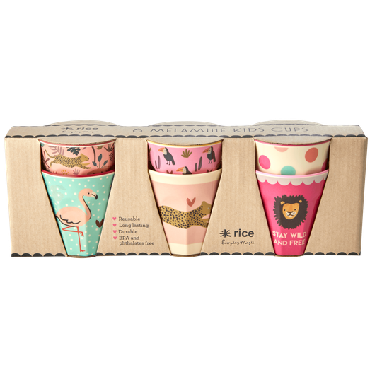Rice - 6 Pcs Small Melamine Kids Cups -Jungle Print Pink
