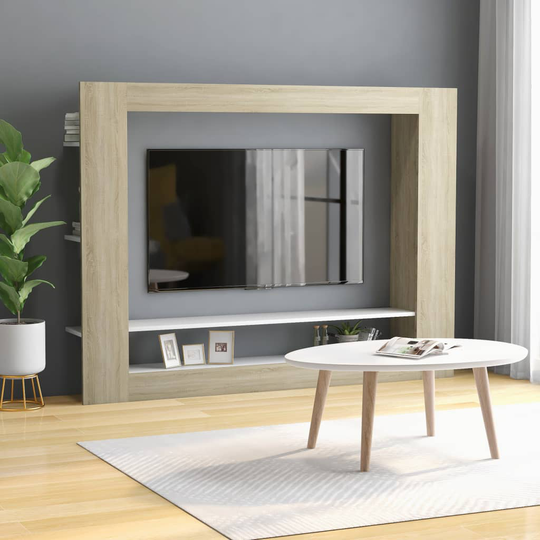 vidaXL TV-taso valkoinen ja Sonoma-tammi 152x22x113 cm lastulevy
