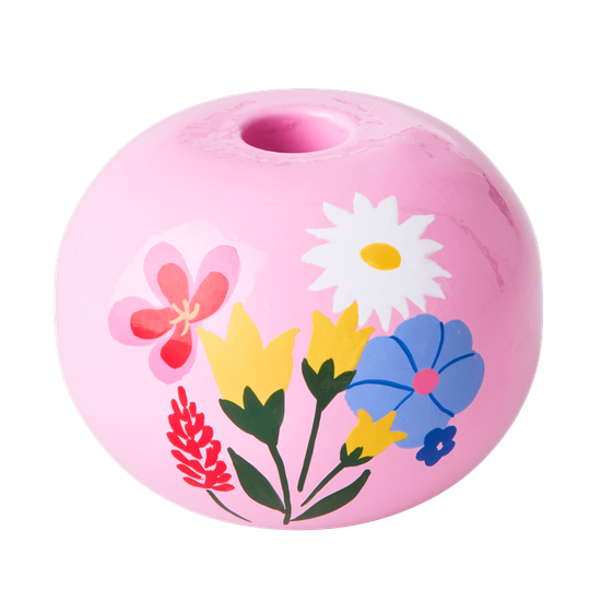 Rice - Metal Candleholder Large Pink with Hand Painted Flower