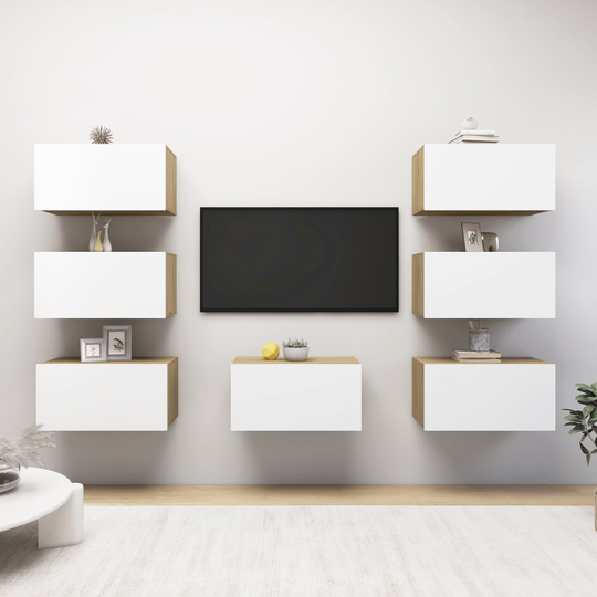 vidaXL TV-tasot 7 kpl valkoinen ja Sonoma-tammi 30,5x30x60cm lastulevy