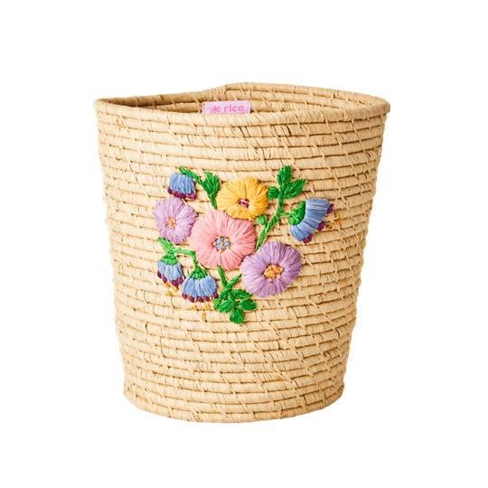 Rice - Raffia Round Basket with Flower Embroidery in Nature - Medium nature