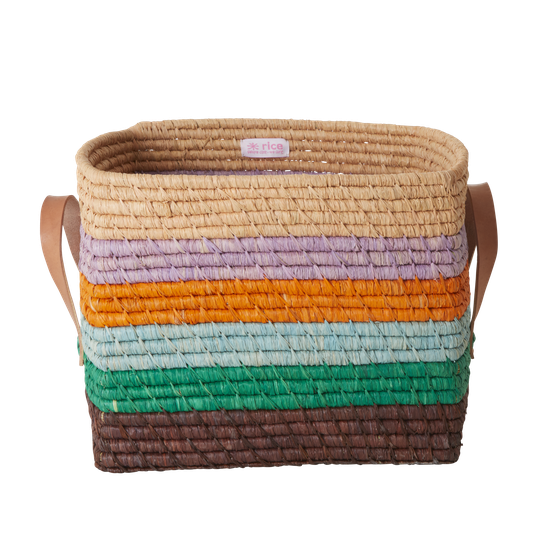 Rice - Small Square Raffia Basket with Leather Handles - Stripes The Call of The Disco Ball