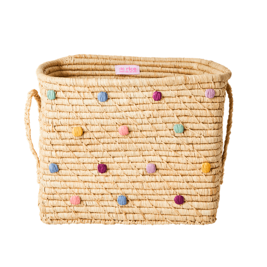 Rice - Small Square Raffia Basket with Leather Handles Out Colors
