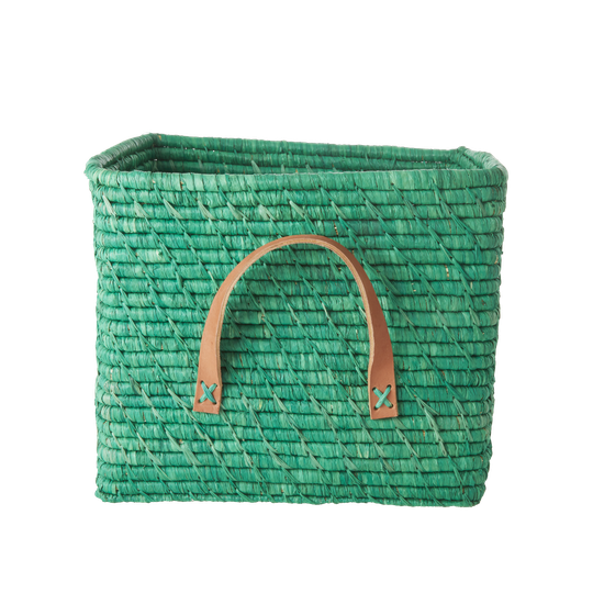 Rice - Small Square Raffia Basket with Leather Handles - Green
