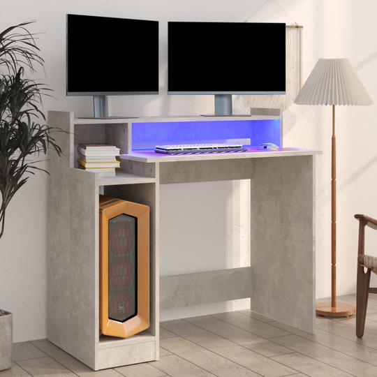 vidaXL Työpöytä LED-valoilla betoninharmaa 97x90x45 cm tekninen puu