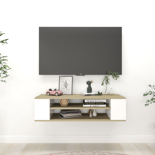 vidaXL Seinäkiinnitettävä TV-taso valkoinen/tammi 100x30x26,5 cm levy