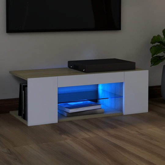 vidaXL TV-taso LED-valoilla valkoinen ja Sonoma-tammi 90x39x30 cm