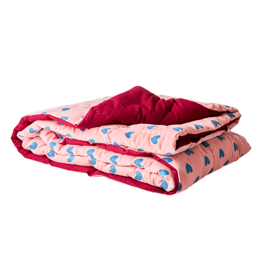 Rice - Velvet Quilt with Hearts in Pink and Gendarme Blue Assorted