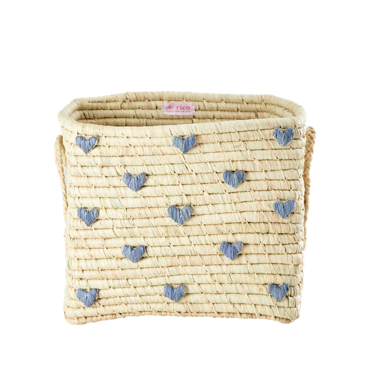 Rice - Small Square Raffia Basket with Raffia Handles - Blue Hearts
