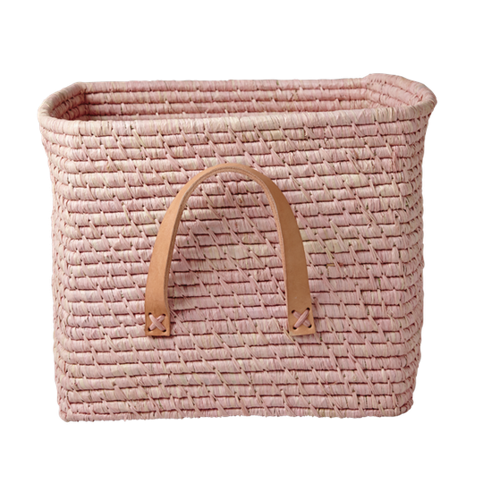 Rice - Small Square Raffia Basket with Leather Handles - Soft Pink