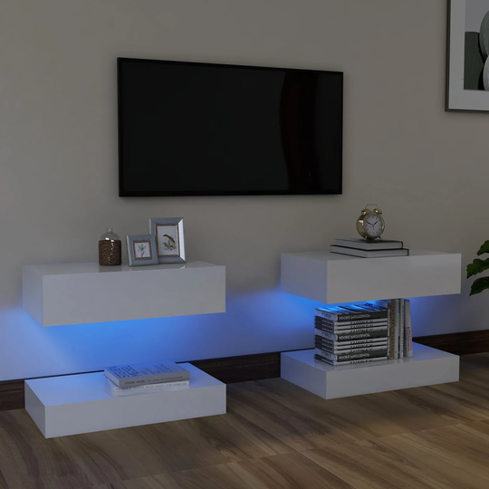vidaXL TV-tasot LED-valoilla 2 kpl korkeakiilto valkoinen 60x35 cm