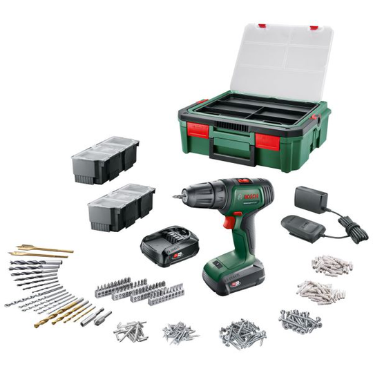 Bosch DIY Universal Drill 18 + SystemBox Porakone-ruuvinväännin sis. tarvikkeet, 1,5 Ah:n akku ja laturi