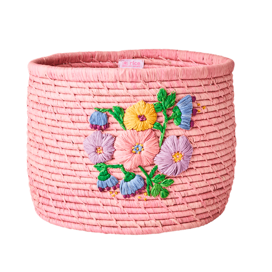 Rice - Raffia Round Basket with Flower Embroidery in Pink - Large Pink