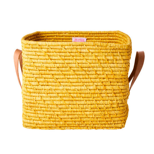 Rice - Small Square Raffia Basket with Leather Handles Yellow