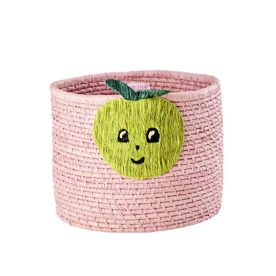 Rice - Raffia Round Basket - Pink w. Apple Embroidery