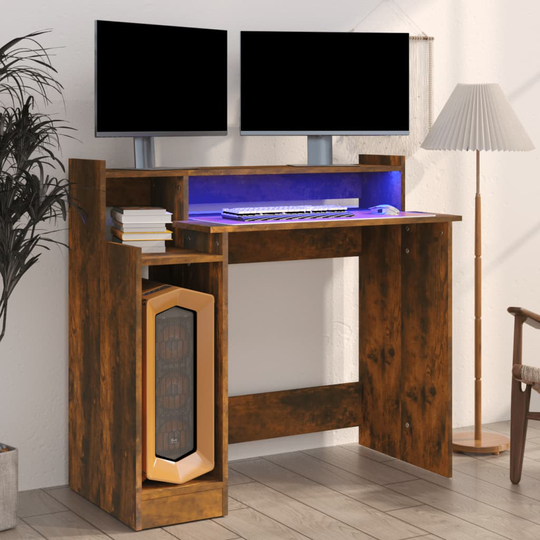 vidaXL Työpöytä LED-valoilla savutammi 97x90x45 cm tekninen puu