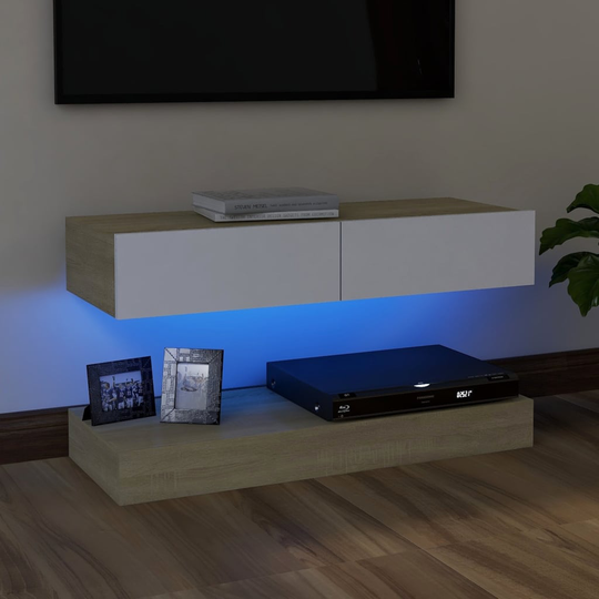 vidaXL TV-taso LED-valoilla valkoinen ja Sonoma-tammi 90x35 cm