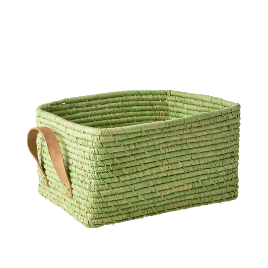 Rice - Raffia Rectangular Basket w. Leather Handle - Soft Green