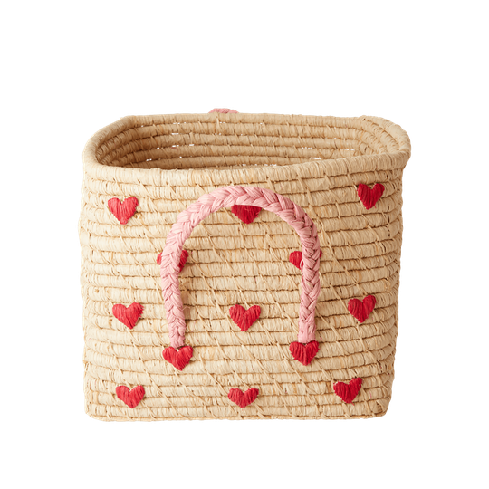 Rice - Small Square Raffia Basket with Handles - Hearts