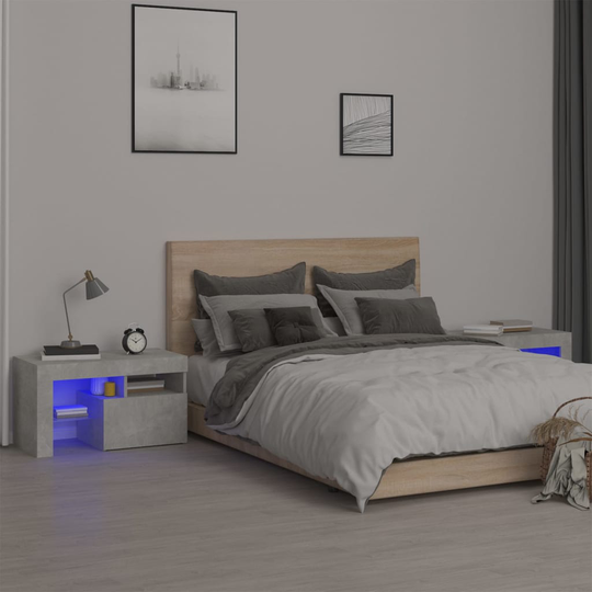 vidaXL Yöpöydät 2 kpl LED-valoilla betoninharmaa 70x36,5x40 cm