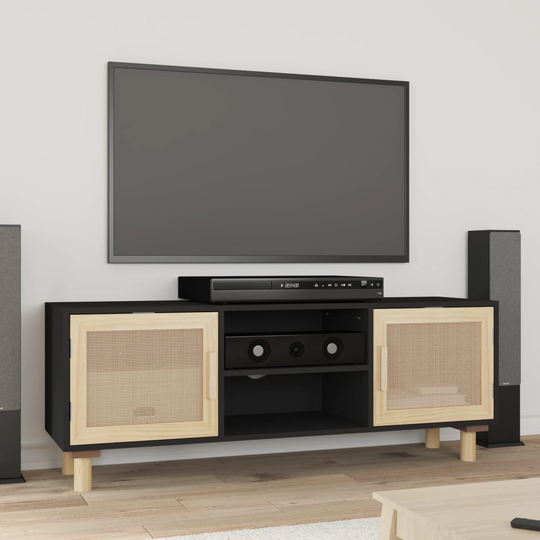 vidaXL TV-taso musta 105x30x40 cm täysi mänty ja luonnonrottinki