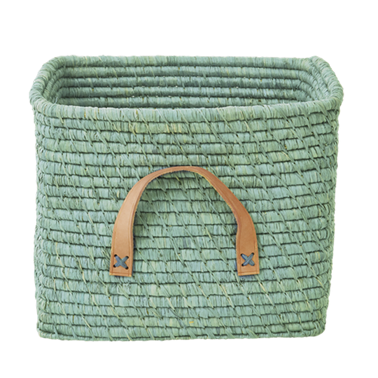 Rice - Small Square Raffia Basket with Leather Handles - Mint