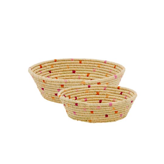 Rice - Raffia Round Bread Baskets with Red Details - Set of 2