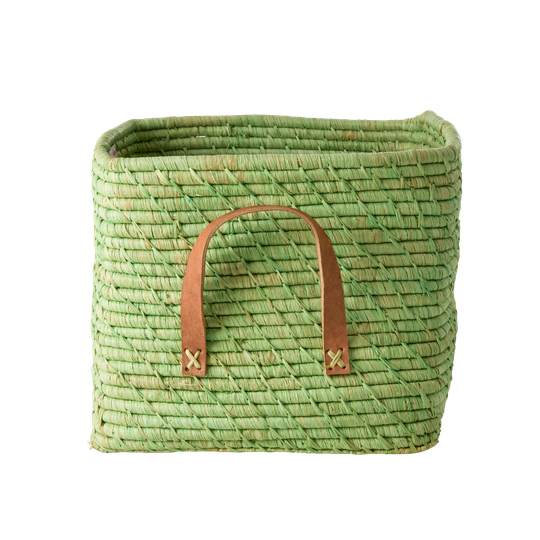 Rice - Small Square Raffia Basket with Leather Handles - Soft Green