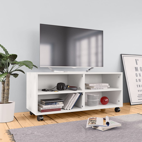 vidaXL TV-taso rullapyörillä valkoinen 90x35x35 cm lastulevy