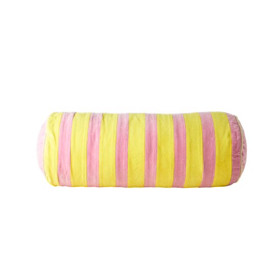 Rice - Velvet Bolster Pillow Medium - Pink and Yellow Stripes