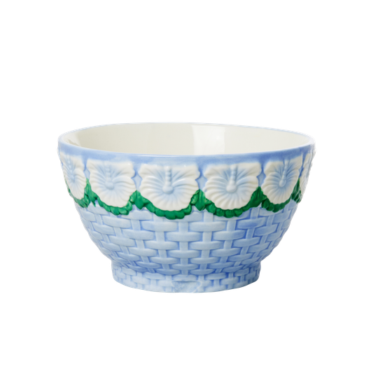 Rice - Ceramic Bowl with Embossed Flower Design - Blue