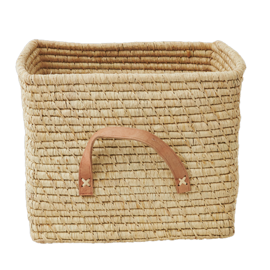 Rice - Small Square Raffia Basket with Leather Handles - Natural