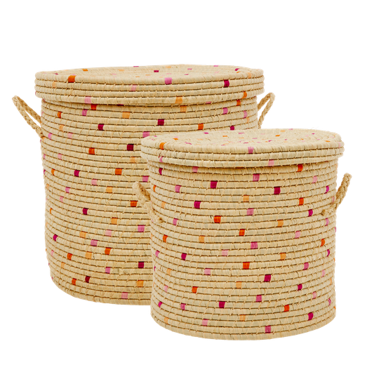 Rice - Laundry Basket in Raffia with Red Details - Set of 2
