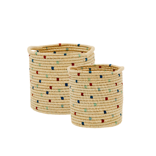 Rice - Raffia Bin with Blue Details - Set of 2