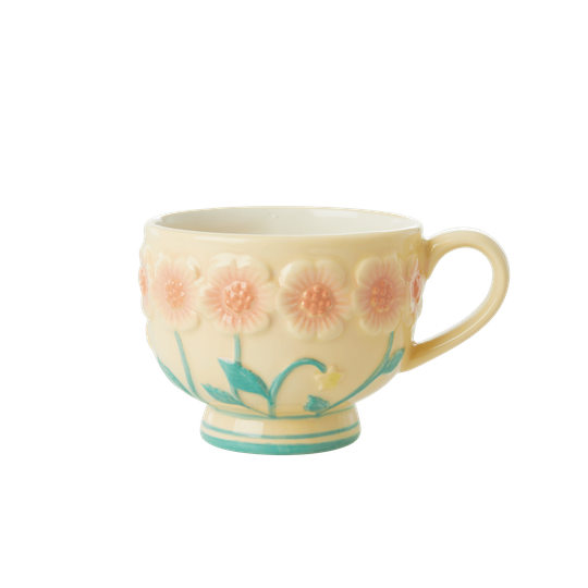 Rice - Ceramic Mug -Embossed Creme Flower Design