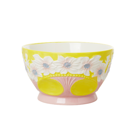 Rice - Ceramic Bowl with Embossed Flower Design - Yellow