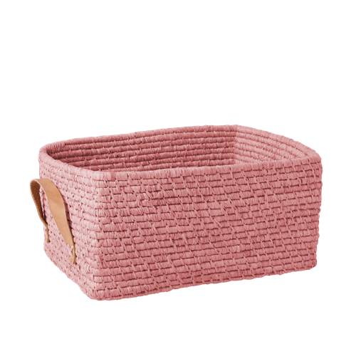 Rice - Raffia Rectangular Basket w. Leather Handle - Soft Pink