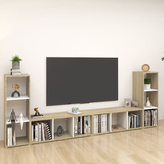 vidaXL TV-tasot 4 kpl valkoinen/Sonoma-tammi 107x35x37 cm lastulevy
