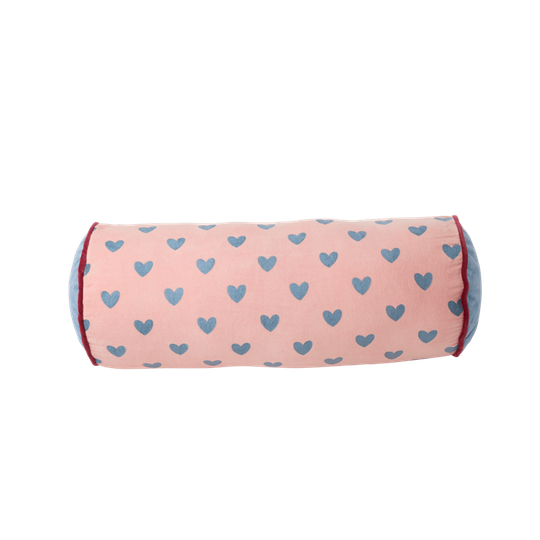 Rice - Velvet Bolster Pillow Pink with Gendarme Hearts - Medium