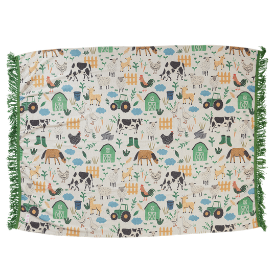 Rice - Chenile Blanket with Blue Farm Animals And Green Fringes Assorted