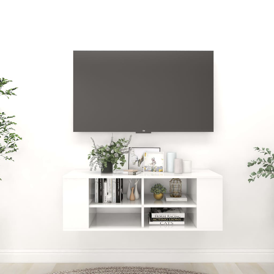 vidaXL Seinäkiinnitettävä TV-taso korkeak. valk. 102x35x35cm lastulevy