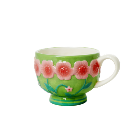 Rice - Ceramic Mug - Embossed Pink&Sage Green Flower Design