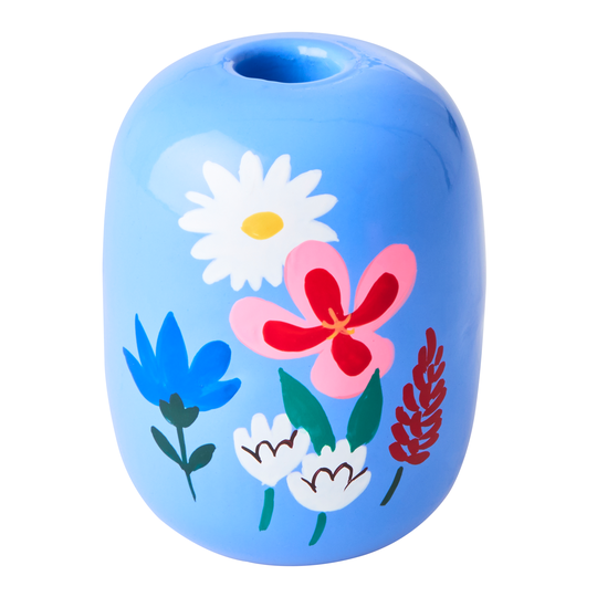 Rice - Metal Candleholder Large Blue with Hand Painted Flowers