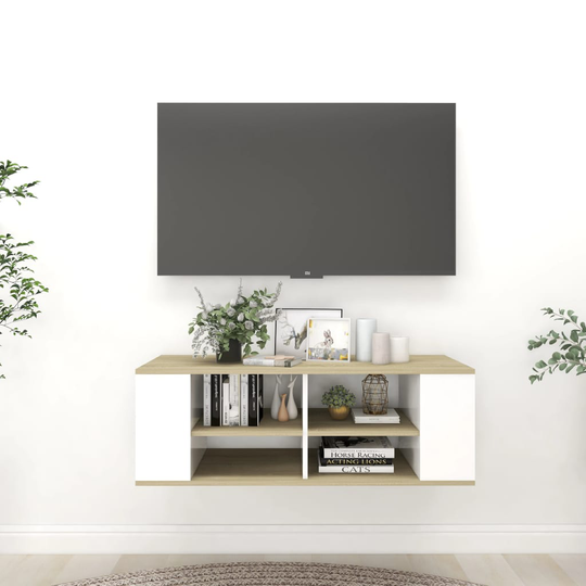 vidaXL Seinäkiinnitettävä TV-taso valk./Sonoma-tammi 102x35x35 cm levy